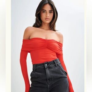 Meshki Ruched Off Shoulder Long Sleeve Crop Top in Red